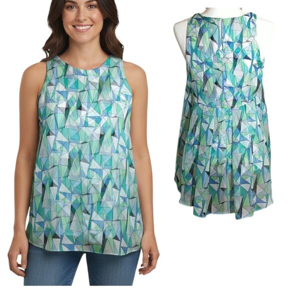 Vince Camuto Sleeveless Hi Low Chiffon Top Women's Sz XS Multicolor Print Lined - Picture 1 of 11